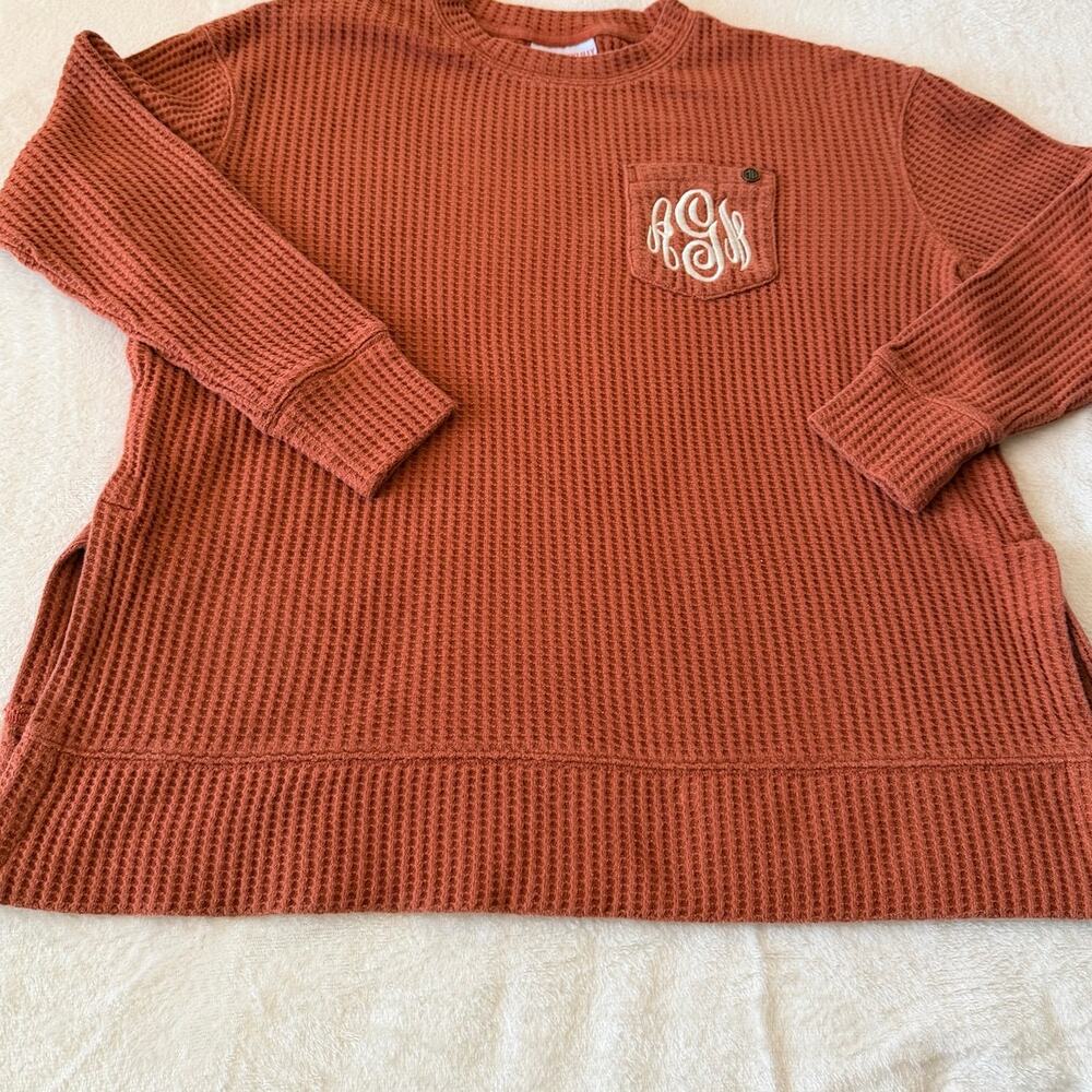 Marleylilly Monogram Waffle Knit Pullover S/M Rust Orange Pocket Fall Top